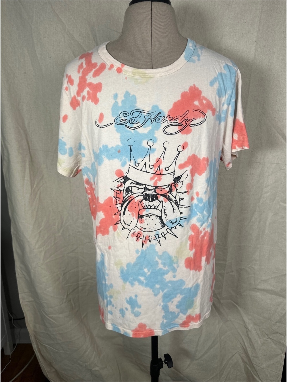 Ed Hardy Bulldog T-Shirt Mens L Tie Dye Single Stitch USA